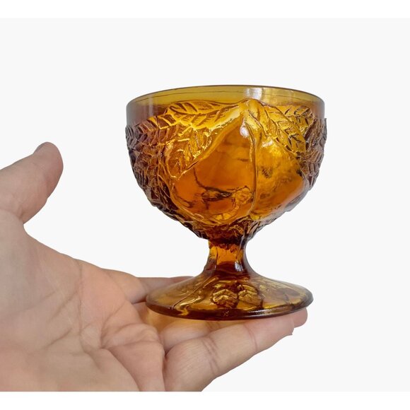 Vintage 70s Tiara Glass Dark Amber Burnt Honey Sweet Pear Footed Ice Cream Cups - Picture 4 of 10